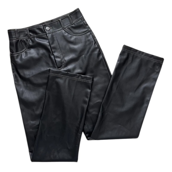 NWT ZARA Pants Faux Leather Vegan Straight Leg Contrast Stitching Black Size M - Picture 5 of 16